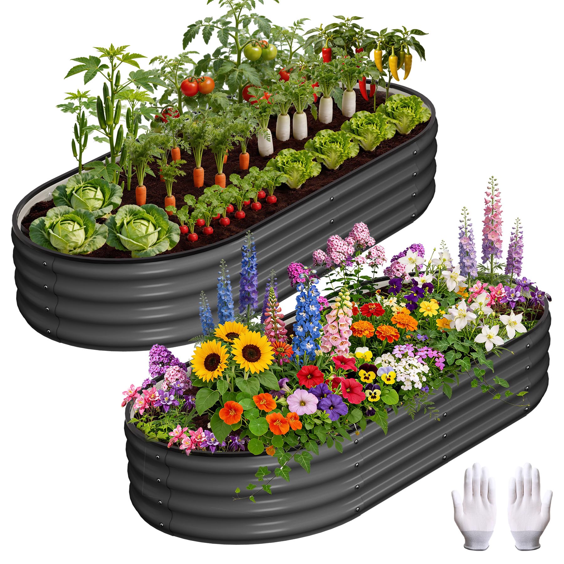 Garvee Raised Garden Beds, 2 Pack 4 x 2 x 1 ft Oval Galvanized Metal Planter Boxes with 0.5 mm Steel, Open Bottom & Rubber Edging for Vegetables, Herbs & Flowers, Dark Gray