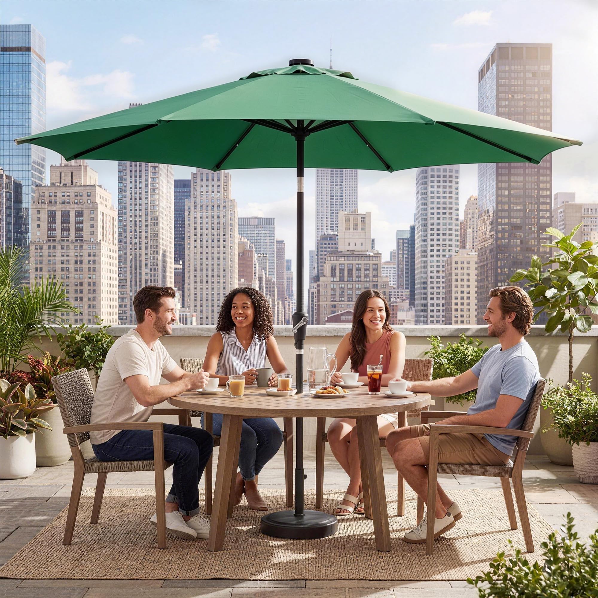 Garvee 10 FT Solar LED Patio Umbrella with 32 Lights, Round Outdoor Market Umbrella with Crank Lift, Push-Button Tilt and 8 Iron Ribs for Table, Deck, Garden and Pool, Dark Green