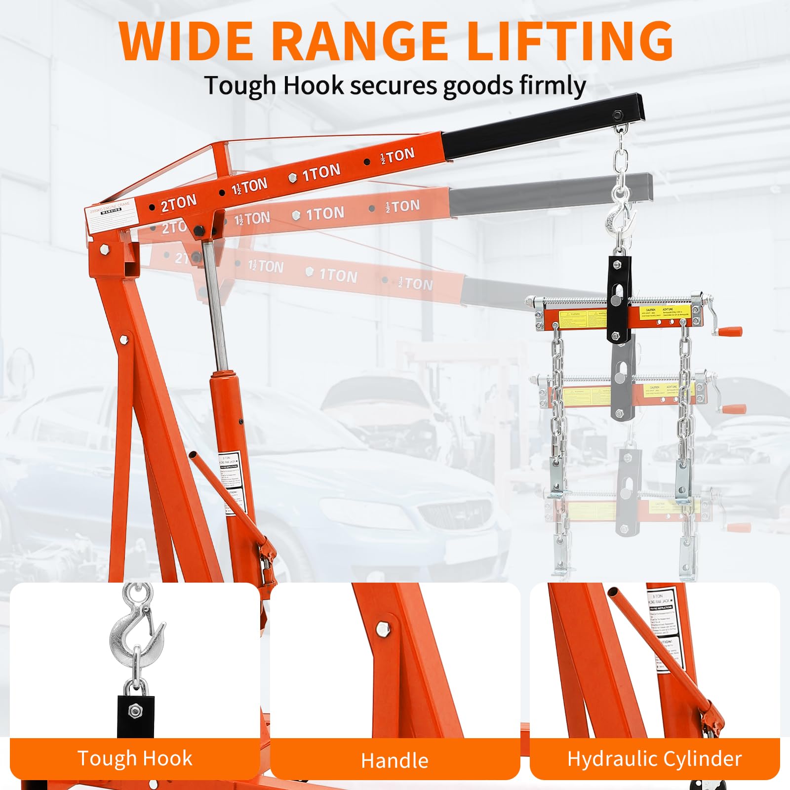 Garvee 2-Ton Folding Hydraulic Engine Hoist with Load Leveler, 4400 lbs Capacity, Heavy-Duty Cherry Picker with 6 Swivel Wheels, Hydraulic Pump, and Adjustable Boom (0.5T-2T), for Garage, Workshop, and Warehouse, Orange