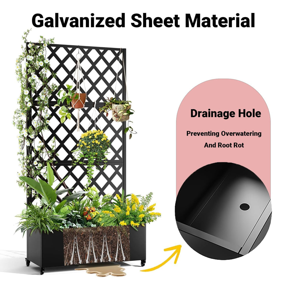 Garvee Raised Garden Bed with Trellis, 72" H × 47" W × 16" D Galvanized Steel Planter Box with Locking Wheels, Drainage Holes and Privacy Screen for Climbing Plants, Black