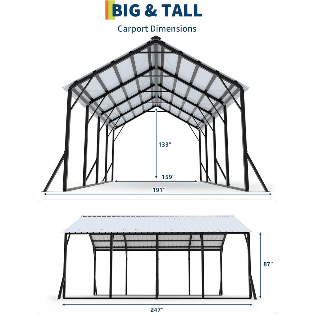 Garvee 13x21FT Metal Carport Kit with 120° Steep-Pitch Vertical Roof, 133" High-Clearance Heavy-Duty Alloy Steel Car Port Shelter for Full-Size Pickup Trucks, Vans & Outdoor Vehicle Storage, White