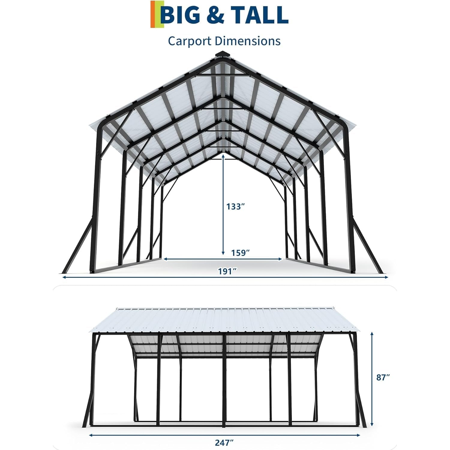 Garvee 13x21FT Metal Carport Kit with 120° Steep-Pitch Vertical Roof, 133" High-Clearance Heavy-Duty Alloy Steel Car Port Shelter for Full-Size Pickup Trucks, Vans & Outdoor Vehicle Storage, White