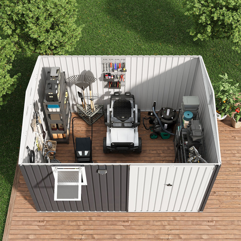 Garvee 10x8FT Black Metal Outdoor Storage Shed with Pushable Window, LED Light & Pegboard, Lockable Double Doors, Sloping Roof, Ventilation, Corrosion-Resistant Steel Garden Tool Shed for Patio, Backyard & Garage