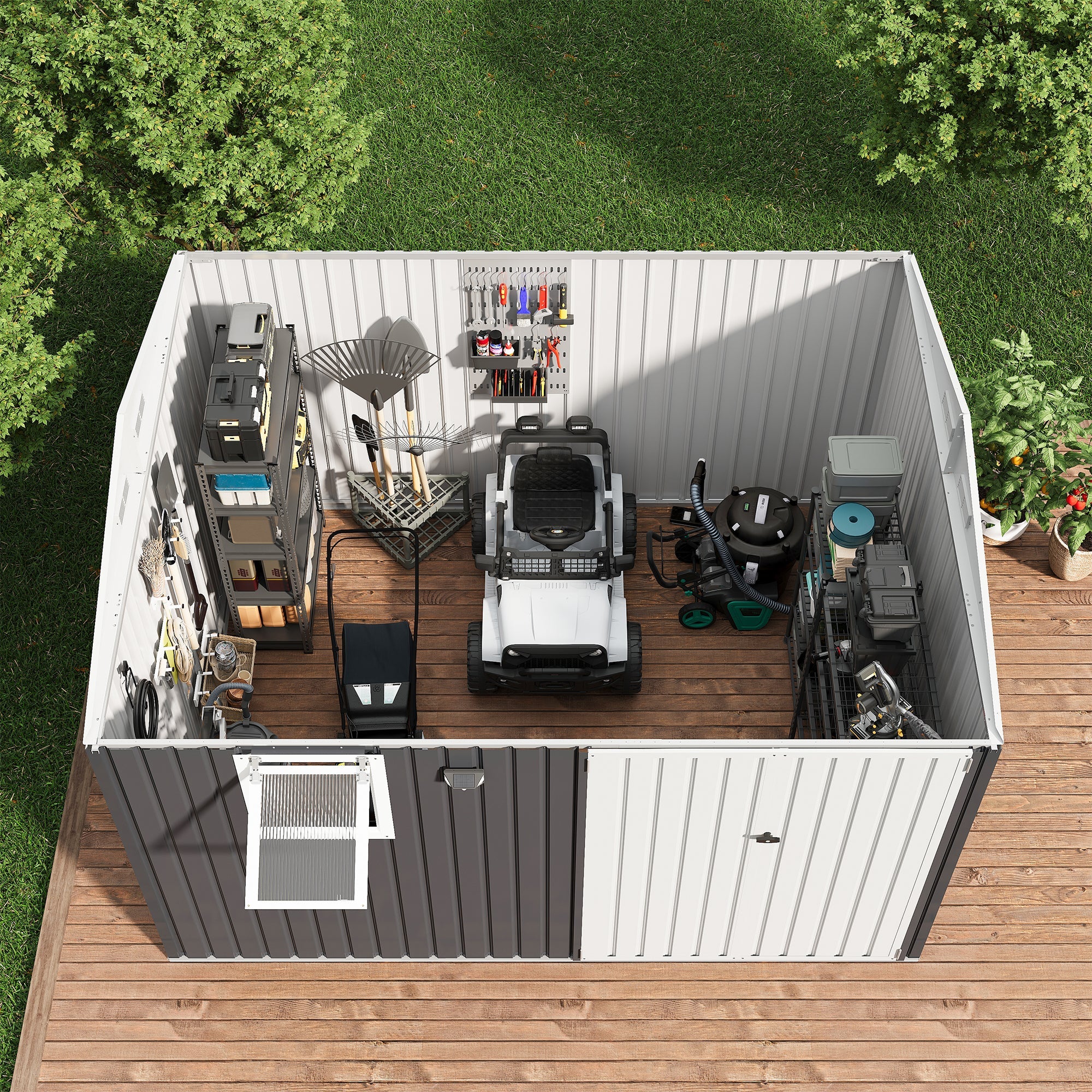 Garvee 10x8FT Black Metal Outdoor Storage Shed with Pushable Window, LED Light & Pegboard, Lockable Double Doors, Sloping Roof, Ventilation, Corrosion-Resistant Steel Garden Tool Shed for Patio, Backyard & Garage