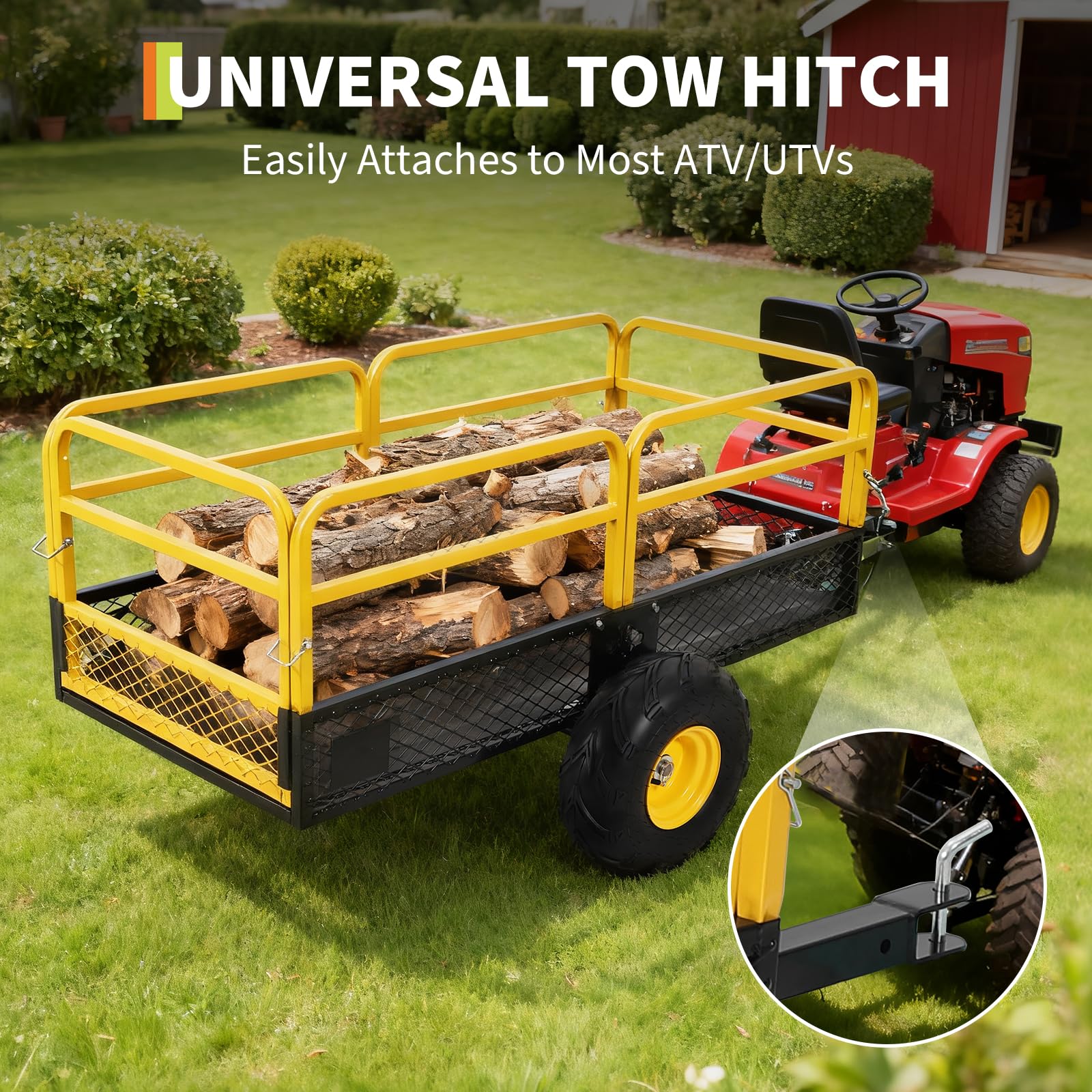 Garvee 1600 lb Tow-Behind Dump Cart, 22 Cu. Ft. ATV UTV Garden Trailer with Removable Sides, 45° Dump Bed & All-Terrain Tires, Yellow