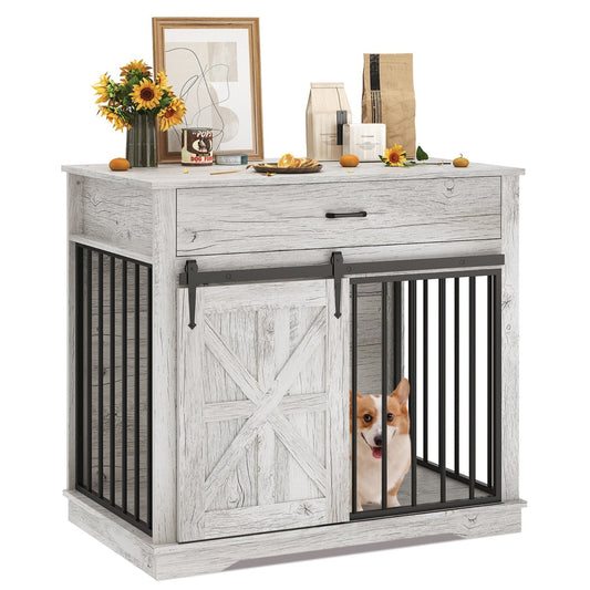 Garvee 37.8"W Dog Crate Furniture for Small/Medium Dogs, 2-in-1 Iron-Wood Fusion Dog Cage Indoor As Side End Table, Farmhouse Dogs Kennel with Sliding Barn Doors & Storage Drawer, Gray