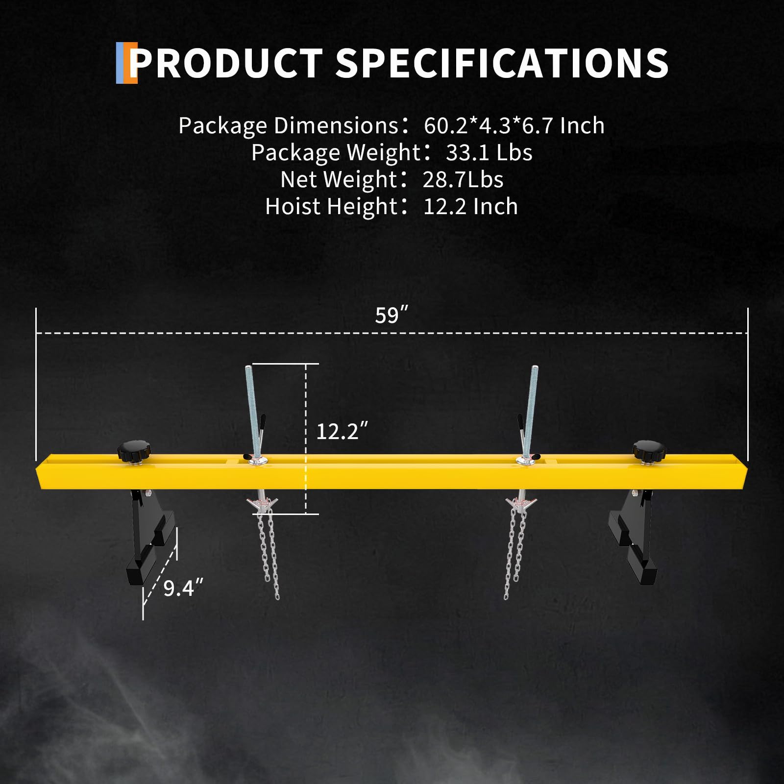 Garvee Engine Support Bar, 1100LBS Transverse Hoist - Dual Hooks & 2-Point Lift Holder for Garage & Auto Repair - Includes 1.5m Load Tone Controller, a Pair of Gloves, Yellow