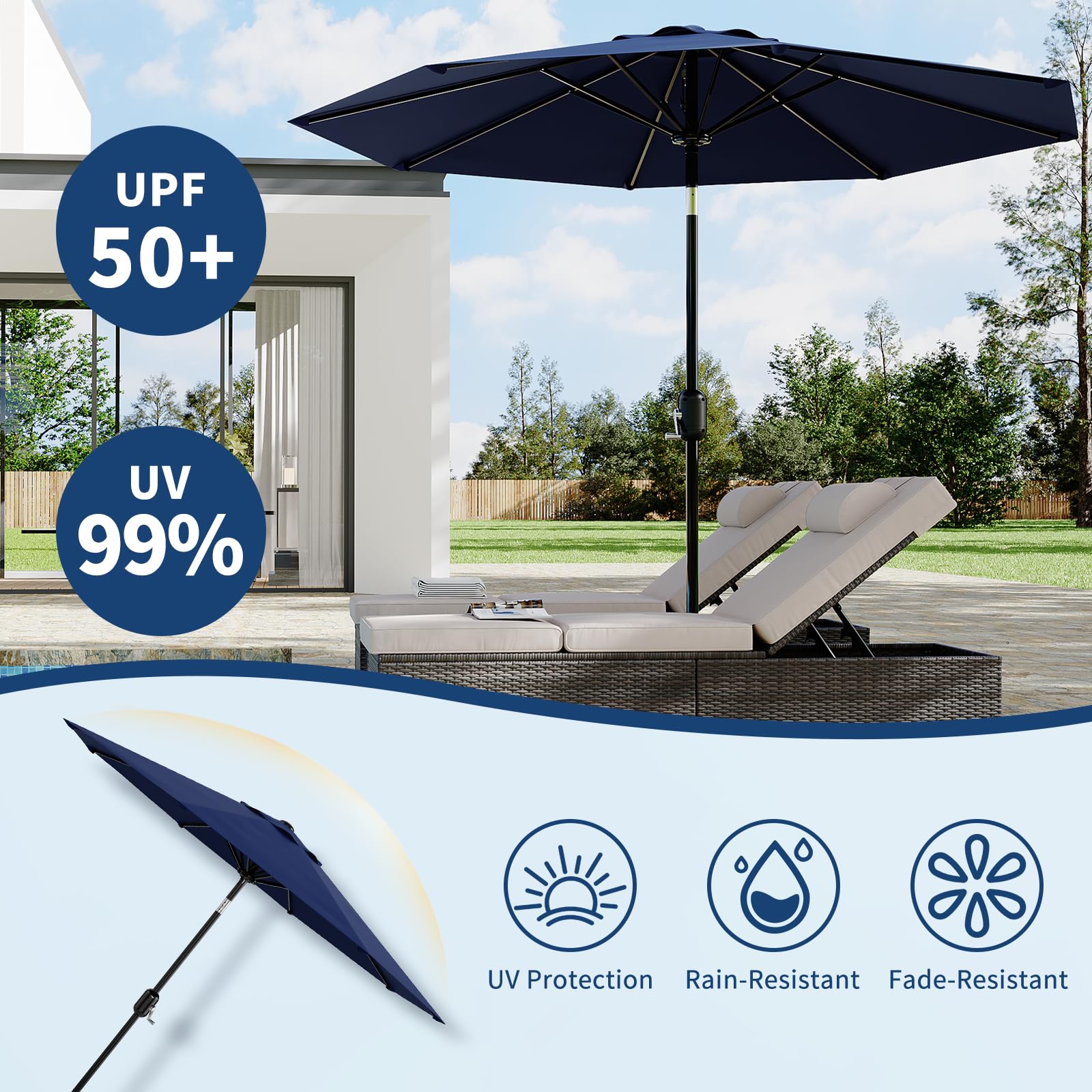 Garvee 10' Patio Table Umbrella, 120" UV-Resistant Polyester Market Umbrella with Crank Lift, Push Button Tilt & 8 Ribs for Pool, Deck, Garden & Backyard, Navy Blue