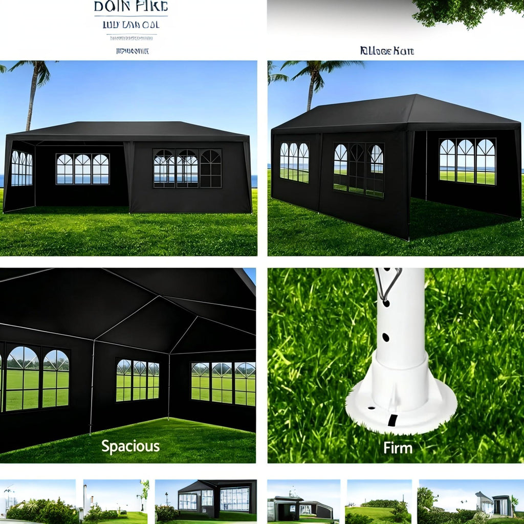 Garvee 10' × 30' Outdoor Party Tent with 5 Removable Sidewalls, Waterproof Canopy, Wedding Gazebo for Backyard, Patio, BBQ and Events, Black