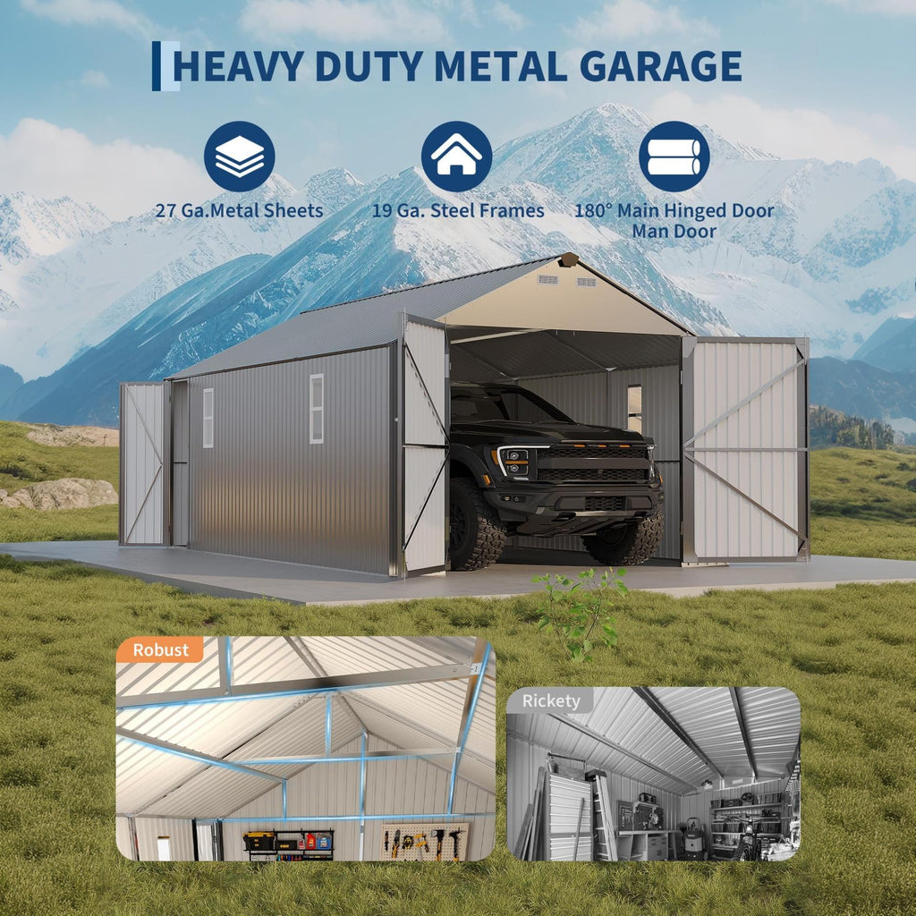 Garvee Enclosed Metal Carport 12×20 ft, 111" H All-Metal Garage Shelter with 19-Gauge Steel Frame & 27-Gauge Roof for Pickups SUVs