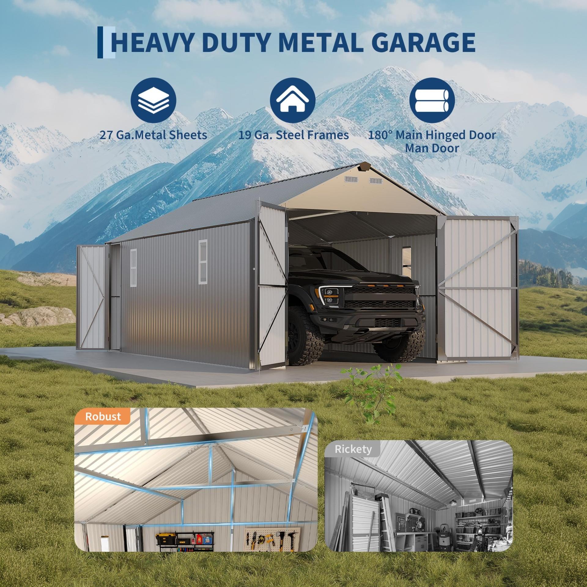 Garvee Enclosed Metal Carport 12×20 ft, 111" H All-Metal Garage Shelter with 19-Gauge Steel Frame & 27-Gauge Roof for Pickups SUVs