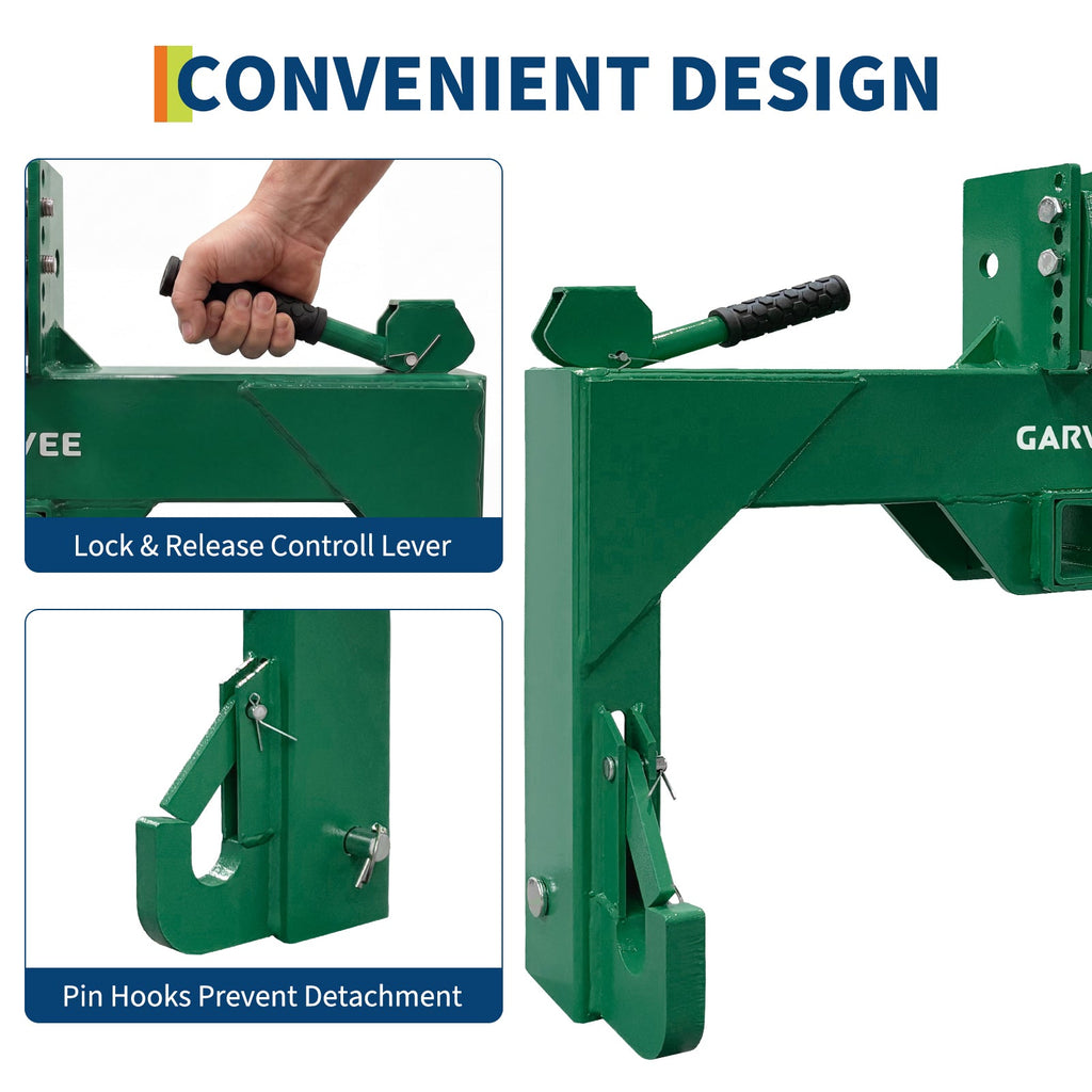 Garvee Heavy Duty 3-Point Quick Hitch Tool Set for Category 1 Tractors - Upgraded Versatile Adapter, 2" Receiver, 5-Level Adjustable Bolt, 3000 lbs Capacity, Quick Attach, Trailer Hitch Attachment - Green