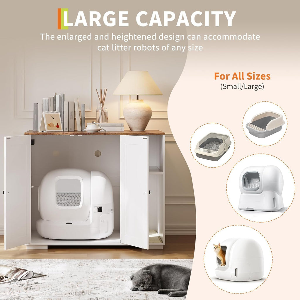Garvee Large Dog-Proof Cat Litter Box Enclosure Cabinet with Self-Cleaning, Adjustable Shelf, Wood Material, Power Outlet, Mark Pad, Indoor Cat Furniture