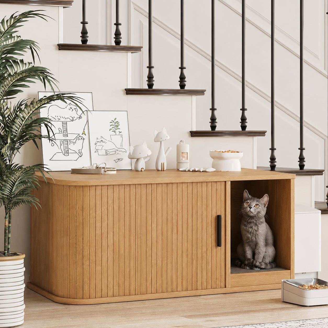 Garvee Modern Cat Litter Box Enclosure, Odor-Control Hidden Cat Washroom Furniture for Living Room, Bedroom, Natural
