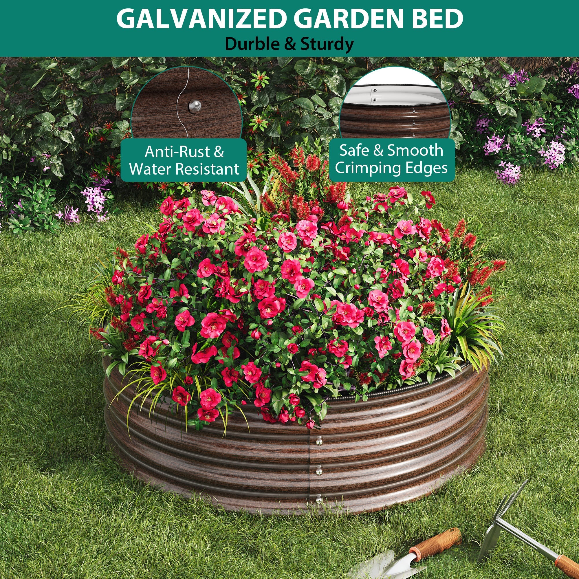 Garvee Round Metal Raised Garden Bed, 2x1FT Galvanized Planter Box, Rust-Resistant, Open Bottom, Safe Edge, Easy Assembly for Vegetables, Flowers & Herbs – Wood Grain