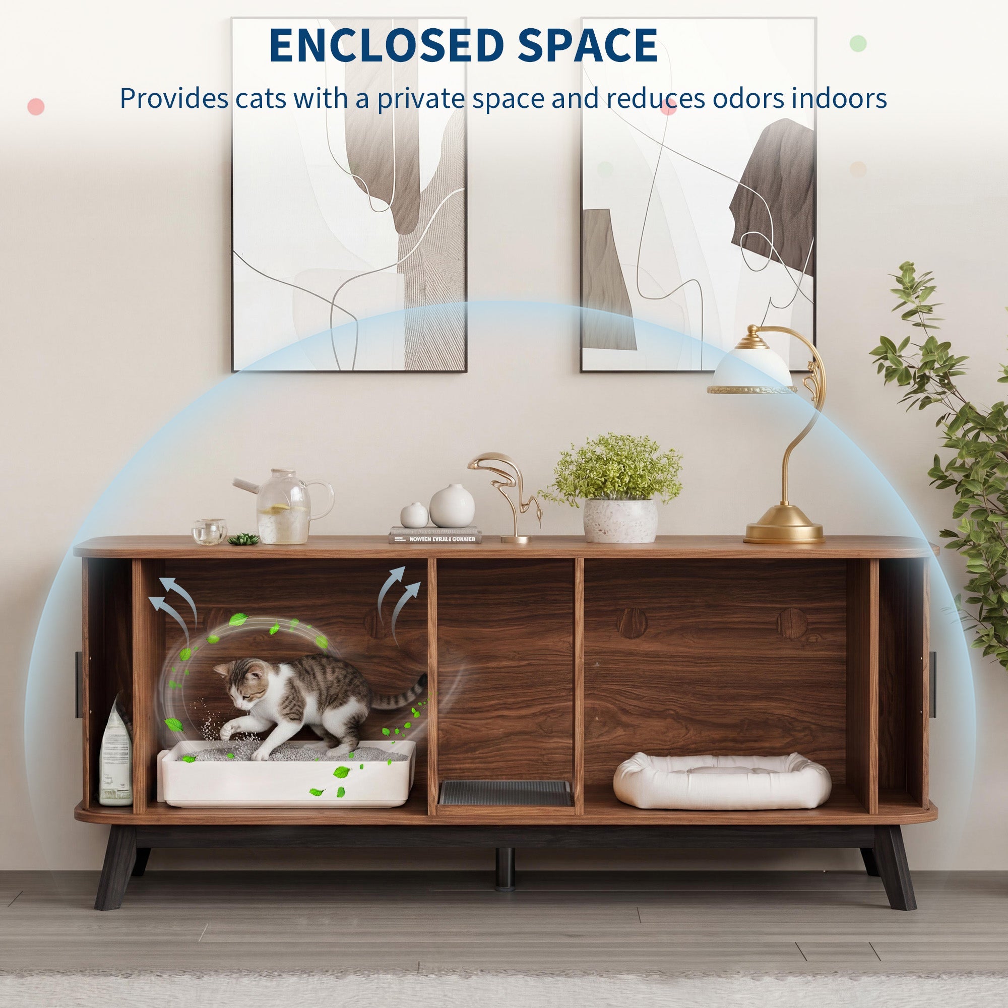 Garvee Multi-Functional Cat Litter Box Enclosure for 2 Cats, 59" Large Wooden Pet House - Hidden Litter Box Furniture - Sliding Door Access - Cat Litter Mat Included - TV Stand Side Table - Color: Walnut