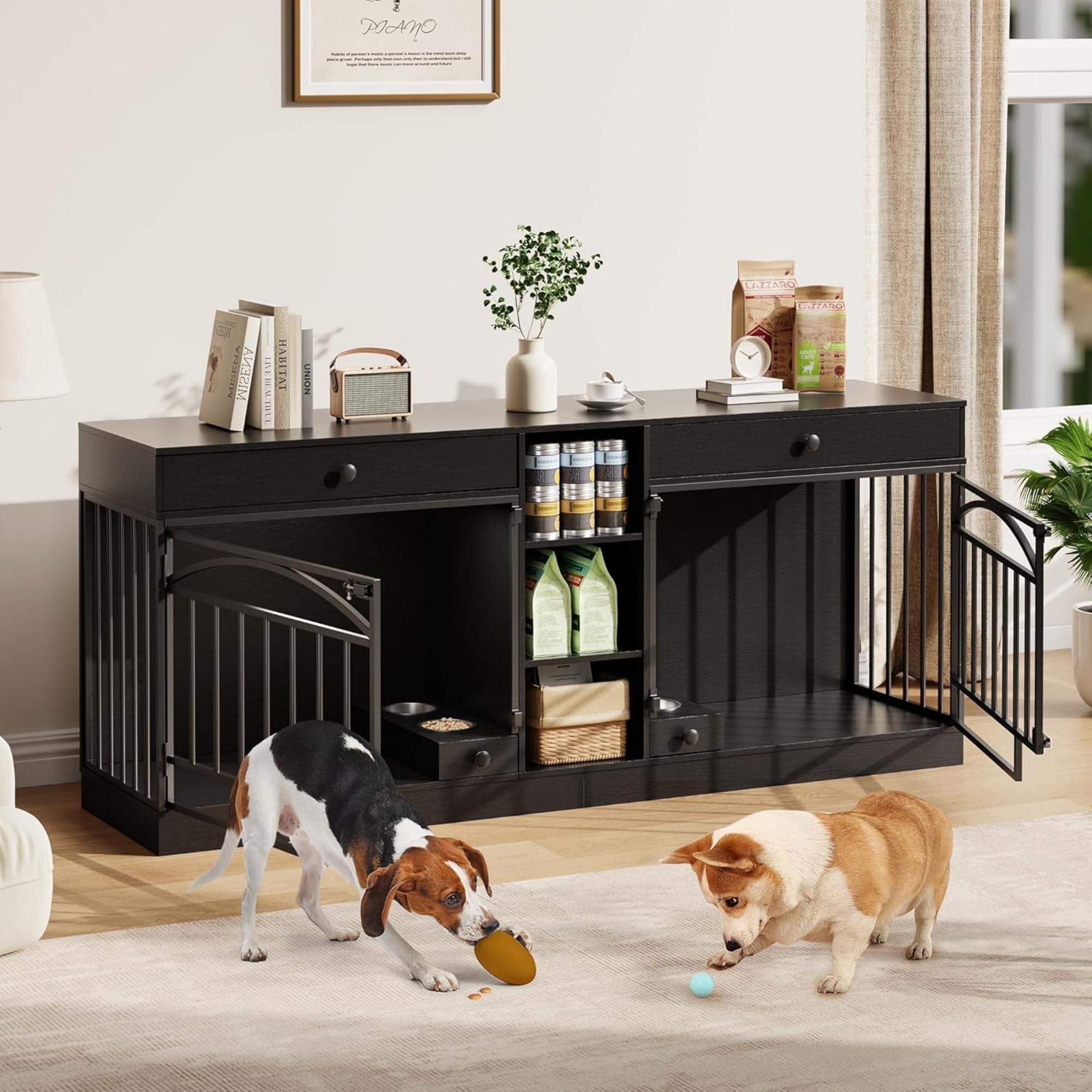 Garvee Dog Crate Furniture for 2 Dogs, 78.7" Large Dog Kennel Indoor with 2 Storage Drawers, 3 Shelves and Feeding Bowls, Double Dog Crate TV Stand for Small and Medium Dogs, Black