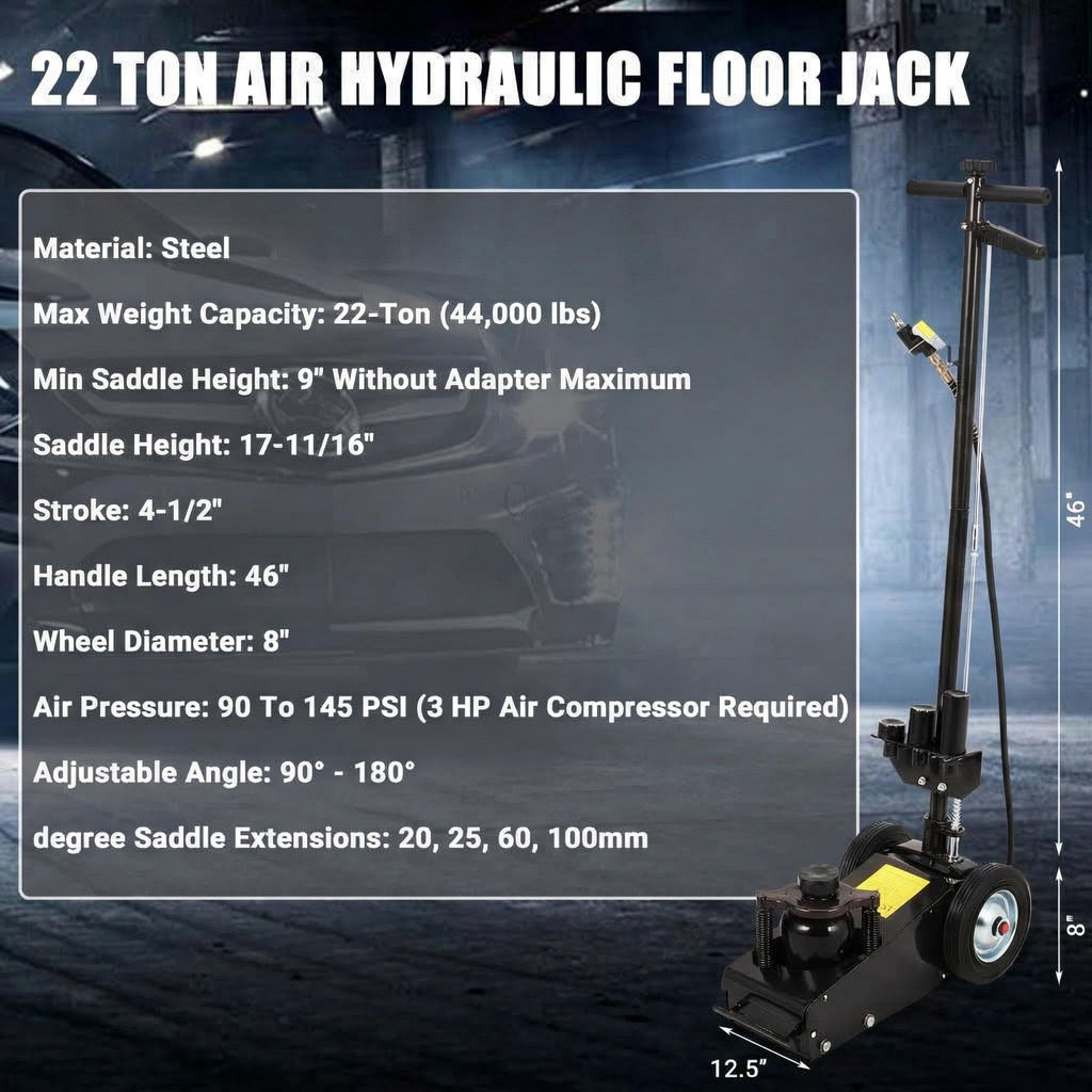 Garvee 22 Ton Air Hydraulic Low Profile Floor Jack – 44,000 lbs Capacity – Dual Power (Air/Manual) – 9"-17.7" Lift Range – 4 Adapters – 46" Adjustable Handle – Internal Circulation Pneumatic Service – 22T Top, MR8021-1 Black