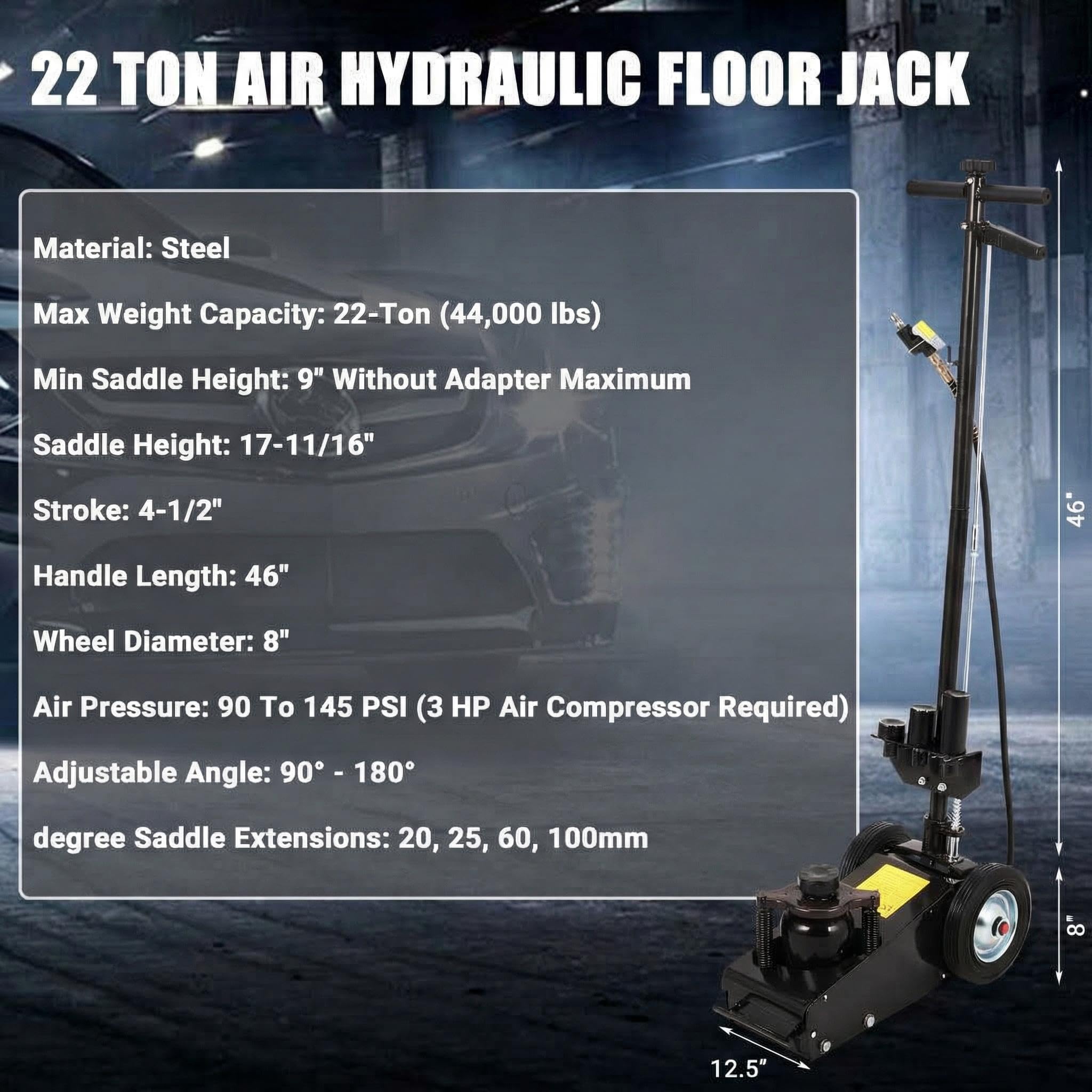 Garvee 22 Ton Air Hydraulic Low Profile Floor Jack – 44,000 lbs Capacity – Dual Power (Air/Manual) – 9"-17.7" Lift Range – 4 Adapters – 46" Adjustable Handle – Internal Circulation Pneumatic Service – 22T Top, MR8021-1 Black