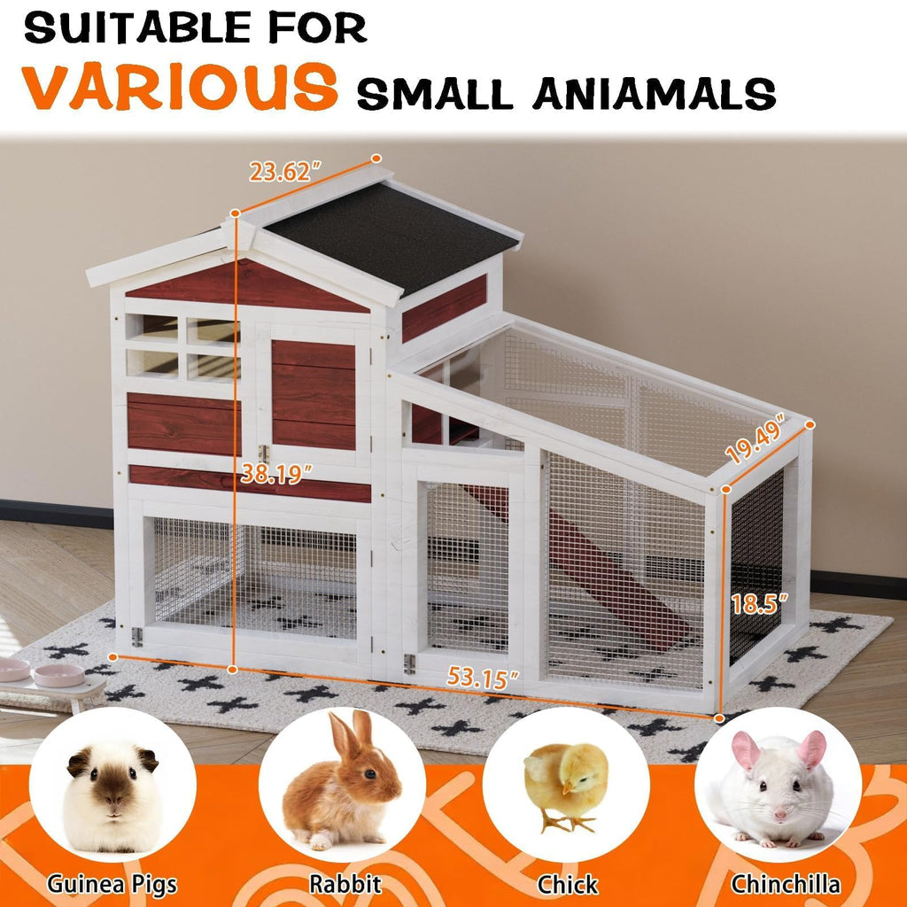 Garvee 2-Tier 53" Wooden Small Animal Cage, Weatherproof Rabbit Hutch with Non-Slip Ramp, Leak-Proof Removable Tray, Anti-Chew Metal Frame, Asphalt Roof, Ideal for Rabbits, Guinea Pigs, Rufous White