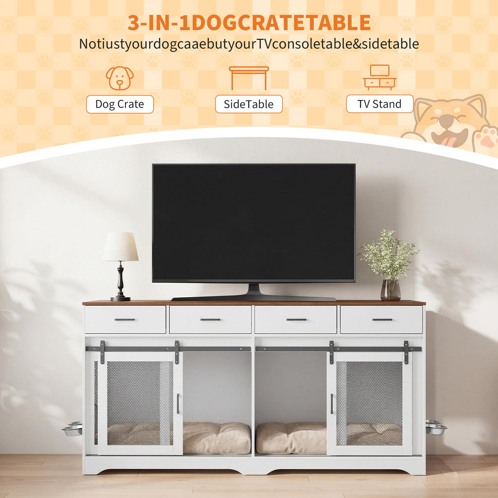 Garvee Multi-Functional Dog Crate Furniture for Medium/Large Dogs – 71'' Indoor Kennel Cage with 4 Sliding Doors, 4 Drawers & Feeding Bowls – Furniture-Style, Walnut & White – US Spec, Color: Walnut+White