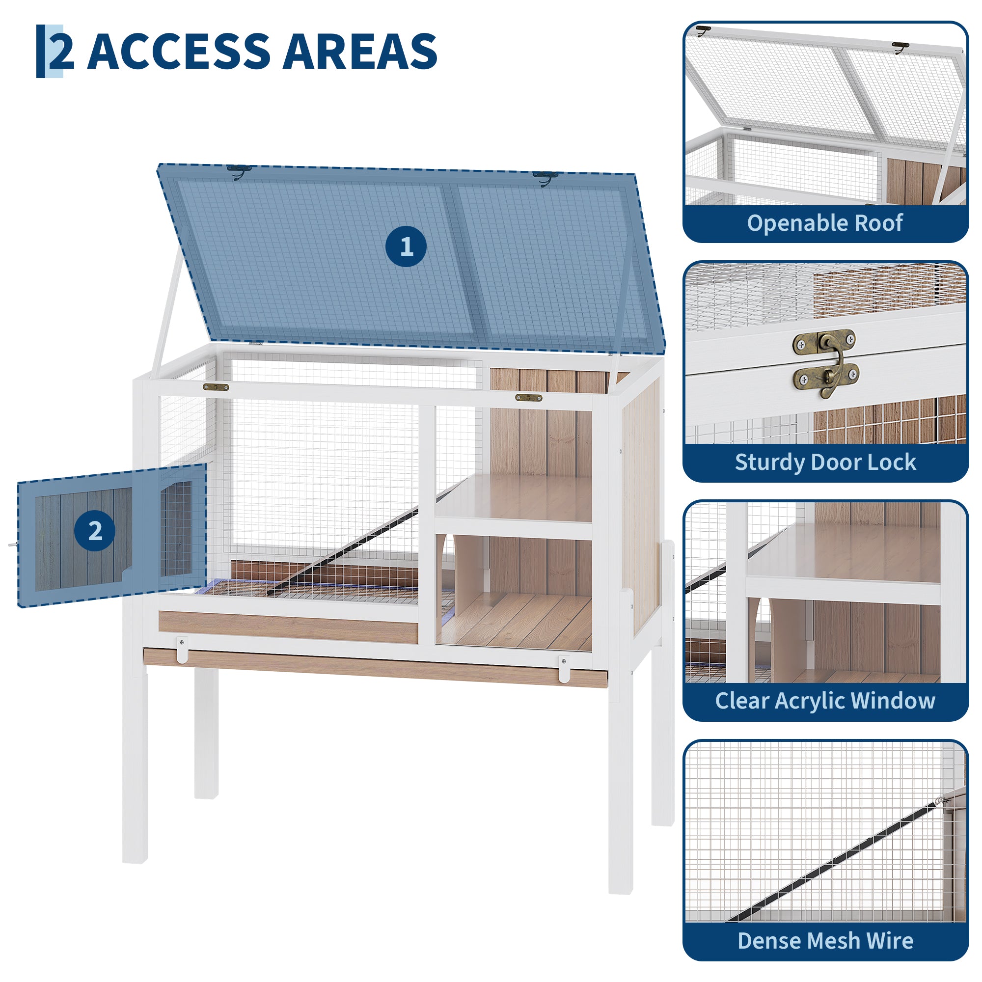 Garvee 38" Wooden Guinea Pig Cage with Stand, 2-Story Small Animal Habitat with Clear View Panels, Pull-Out Tray & Lockable Door, Rabbit Hutch, White