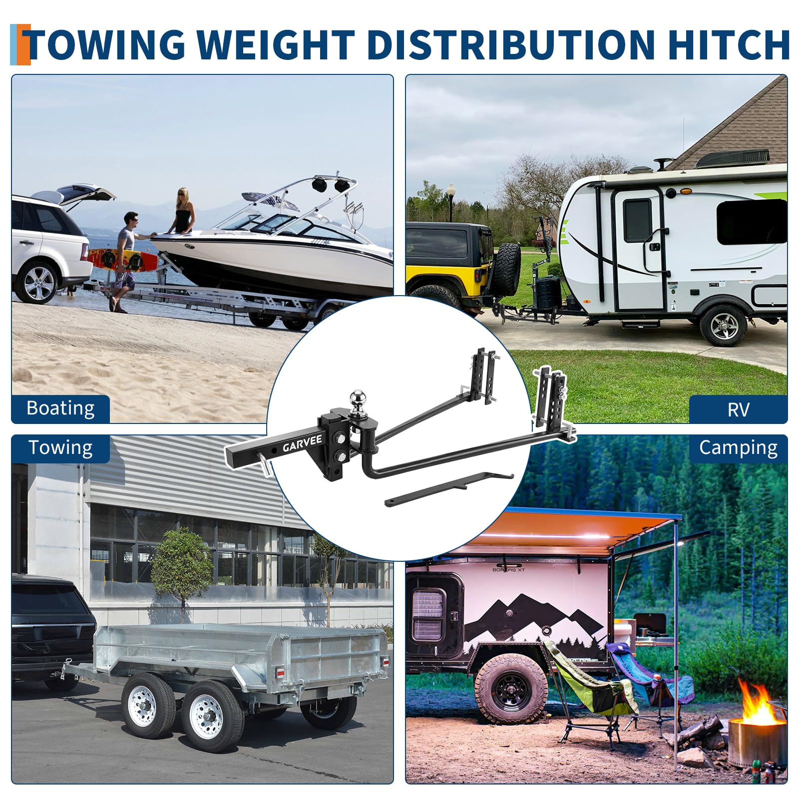 Garvee Weight Distribution Hitch 1,500 Lbs Capacity Sway Control Forged Alloy Steel Durable Corrosion-Resistant 2-Inch Shank for Trailer Towing