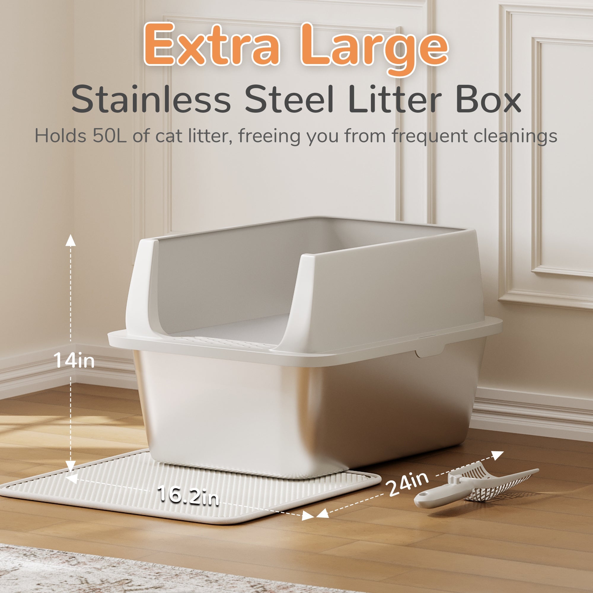 Garvee Extra Large Stainless Steel Litter Box, XLarge Open Cat Litter Box with High Sided Enclosure & Scoop & Litter Mat, Odor Free, Anti-Leakage, Metal Cat Box for Big Cats, 14"H