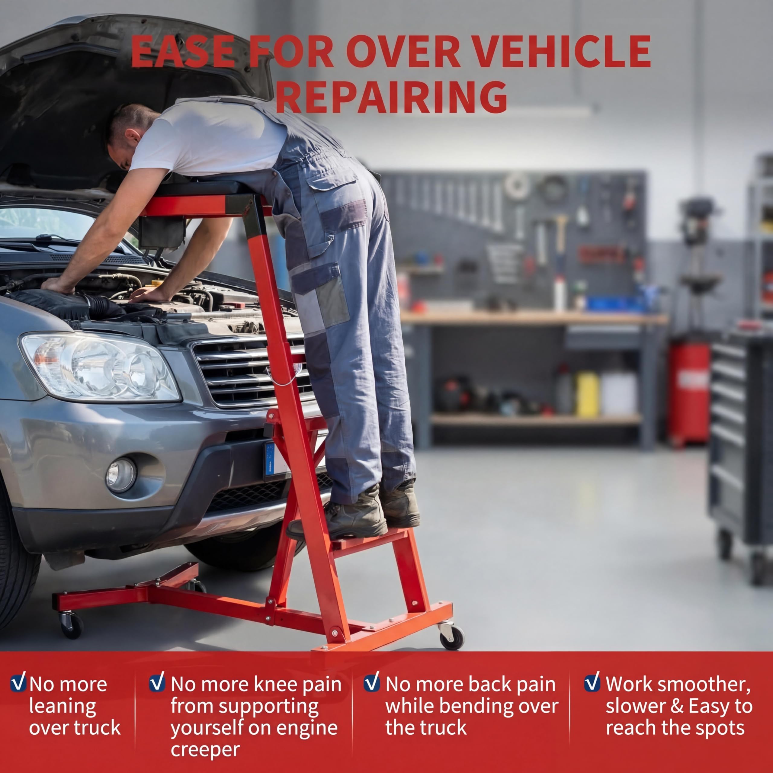 Garvee Topside Automotive Creeper for Trucks 49-76" Adjustable Height Heavy Duty 400 LBS Steel Foldable with Cushioned Pad & Lockable Casters for Garage Use, Red