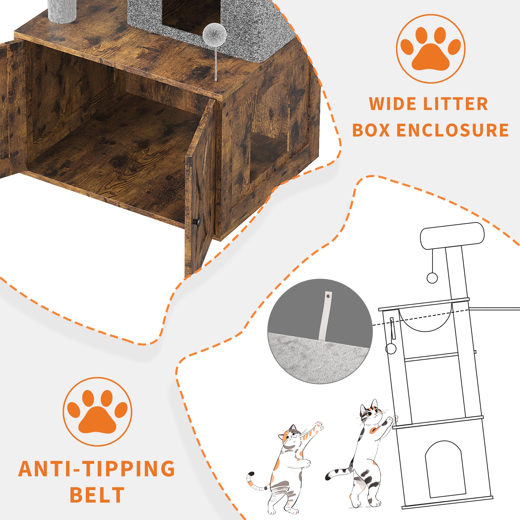Garvee Litter Box Enclosure with Cat Tree, 2 in-1 Modern Cat Tower, Hidden Washroom Furniture, Wood Cat Condo with Scratching Post and Hammock, Indoor Pet Furniture with Multiple Platform, Retro Brown