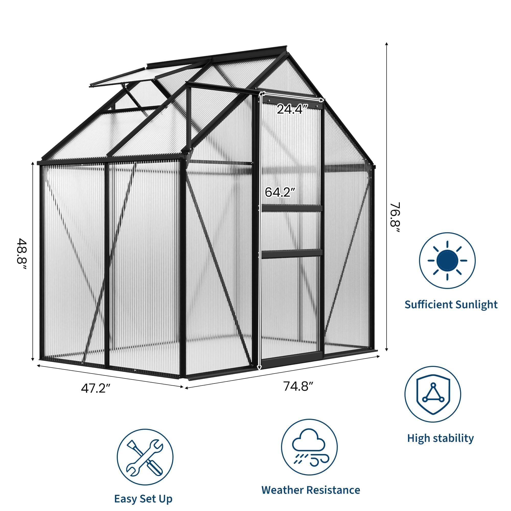 Garvee Heavy-Duty Polycarbonate Walk-in Greenhouse for Backyard, Patio, Garden – Aluminum Frame, Sliding Door, Roof Vent, Rain Gutter, High Light Transfer, All-Weather Protection – 6x4FT, Black Oxide