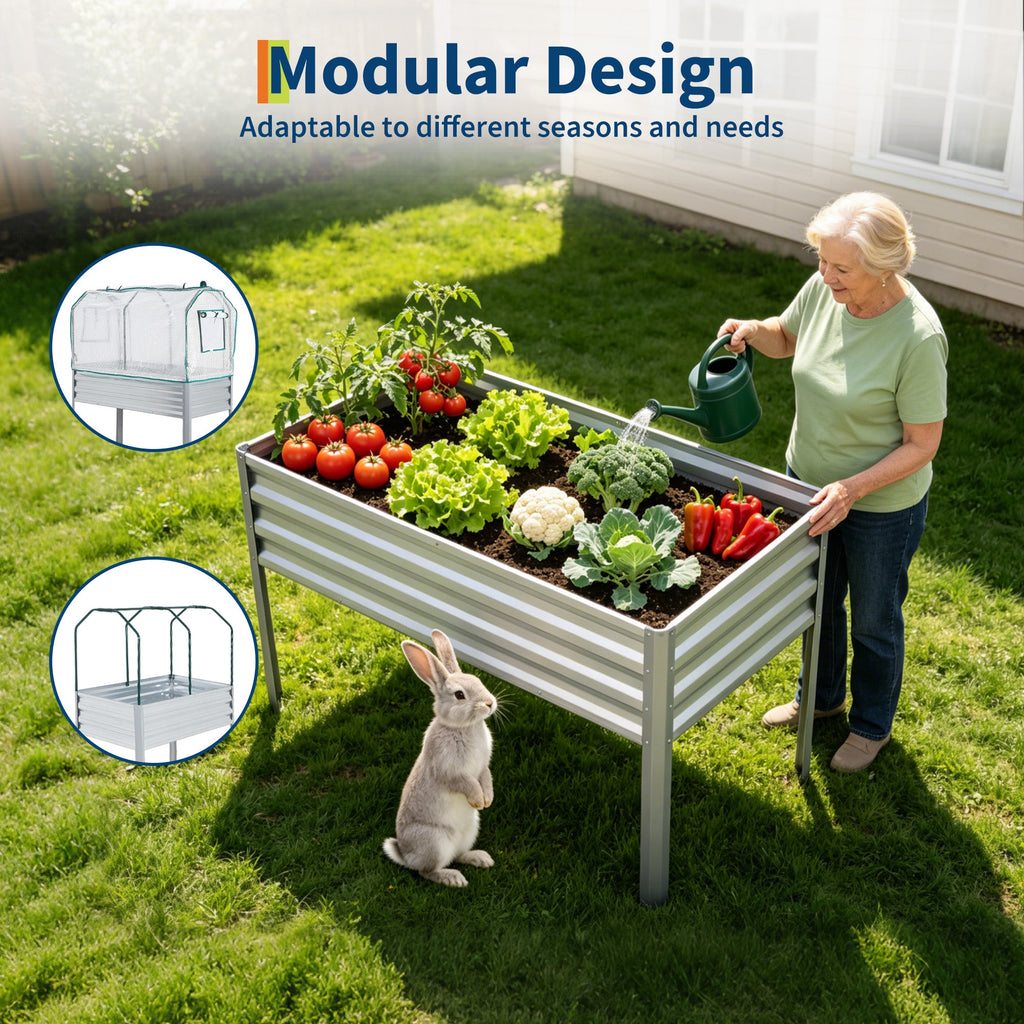 Garvee Raised Garden Bed with Cover 48" × 24" × 30", Silver Galvanized Metal Planter Box with PE Greenhouse Cover, Legs & Drainage Holes