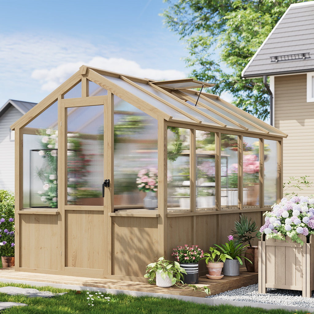 Garvee Walk-In Wooden Greenhouse for Outdoors – Heavy Duty Spruce Frame, PC Panels, Adjustable Roof Vent, Lockable Door – Garden Outdoor Storage for Backyard, Patio, Lawn – 6x10 Natural Wood Color