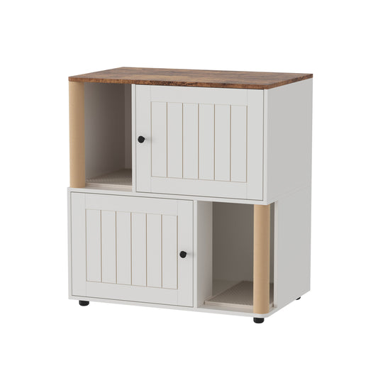 Garvee Double Cat Litter Box Enclosure Furniture for 2 Cats – 2-Tier Modern Cabinet with Hidden Litter Boxes, Sisal Marking Posts, Dual Mats, Odor Control, Dog-Proof End Table – Grooved Door White
