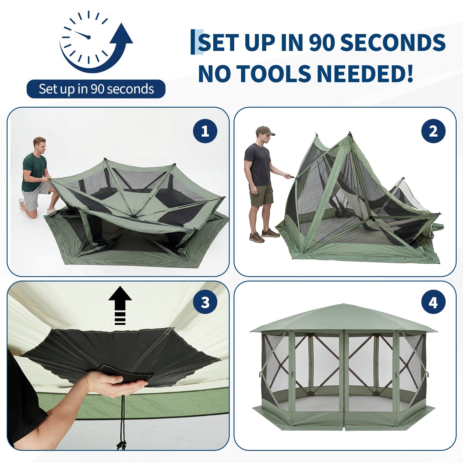 Garvee Screen Gazebo Tent, 13 x 13 FT 6-Sided Canopy for 8-10 People with 7.5 FT Height, Removable Wind Cloth and Carry Bag for Camping, Green and Light Gray