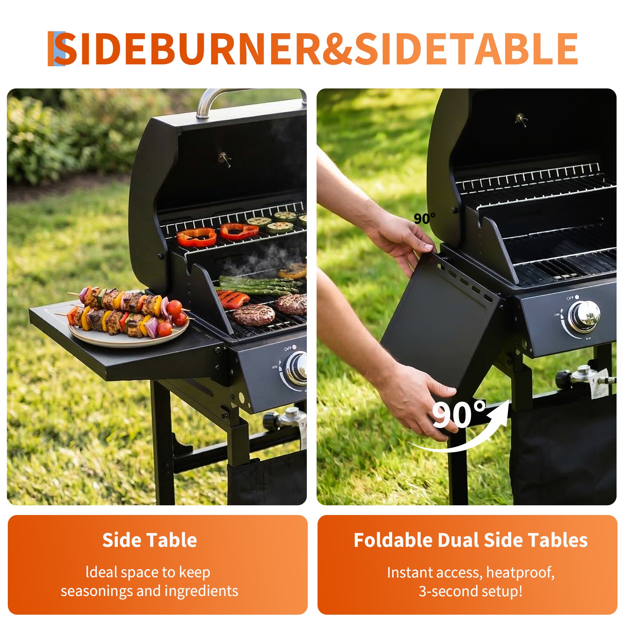 Garvee 2-Burner Propane Gas Grill – 16,000 BTU Matte Black BBQ Cart Grill with Cast Iron Grates, Foldable Side Tables, Built-in Thermometer & Warming Rack for Patio, Tailgating, Camping