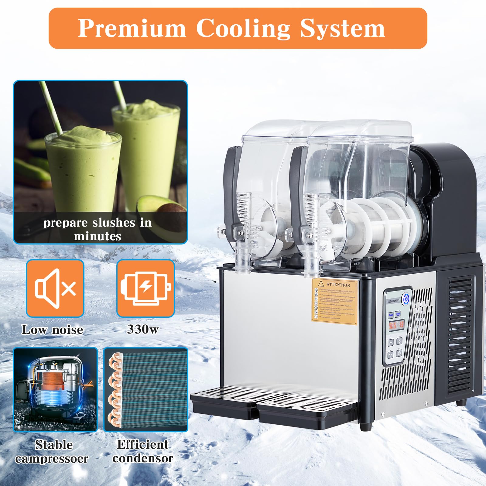 Garvee Commercial Slushie Machine - 4L*2 Capacity, Triple-Tank Options, Stainless Steel, Self-Cleaning, High-Speed Mixing - Ideal for Cocktails, Frozen Drinks, Coffee, Bars, Restaurants, Home,Black