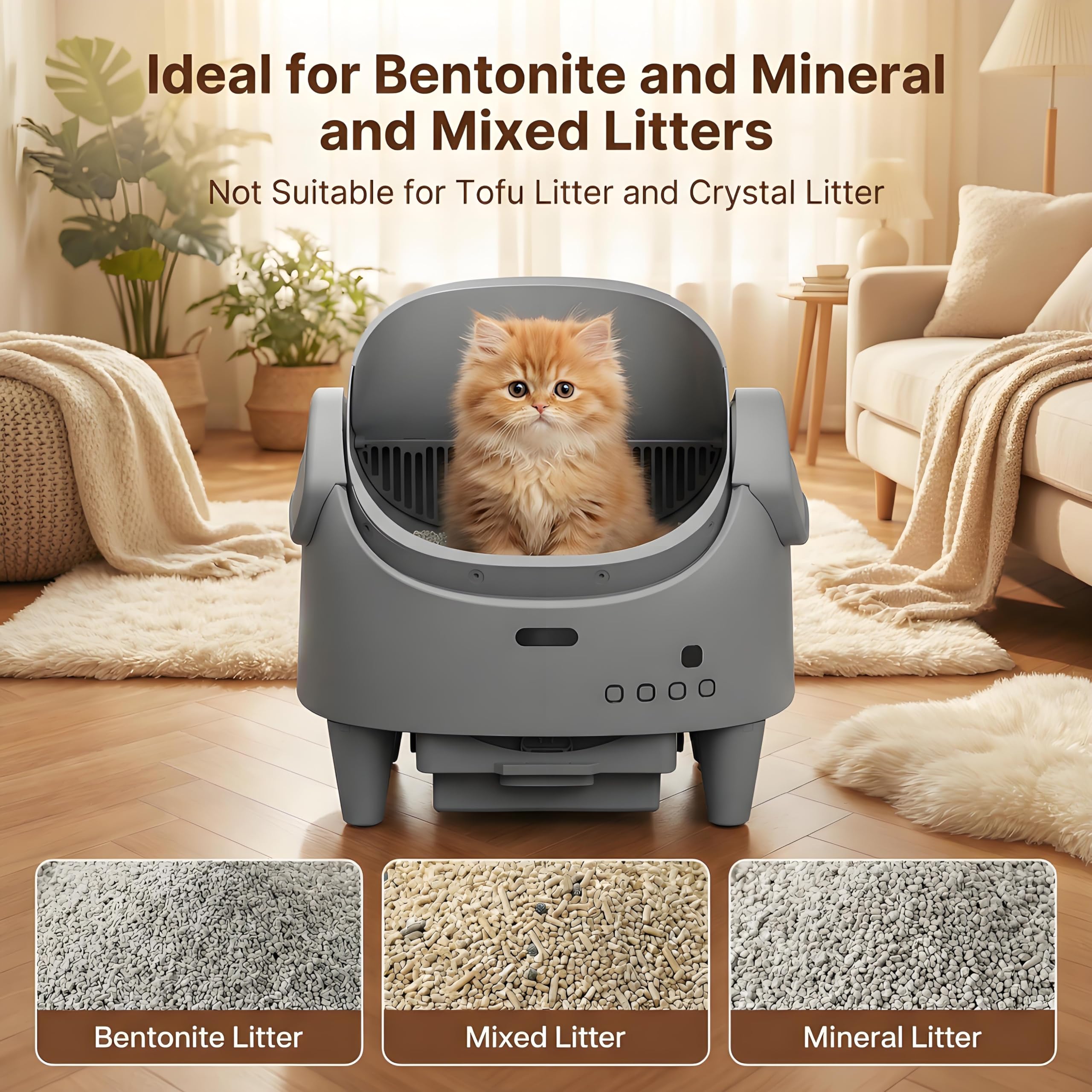 Garvee Automatic Cat Litter Box with App Control, Smart Self Cleaning Odor-Free Cat Toilet with Large Waste Bin and Disposable Bags, Open Top Design for Single or Multi Cat Households, Gray