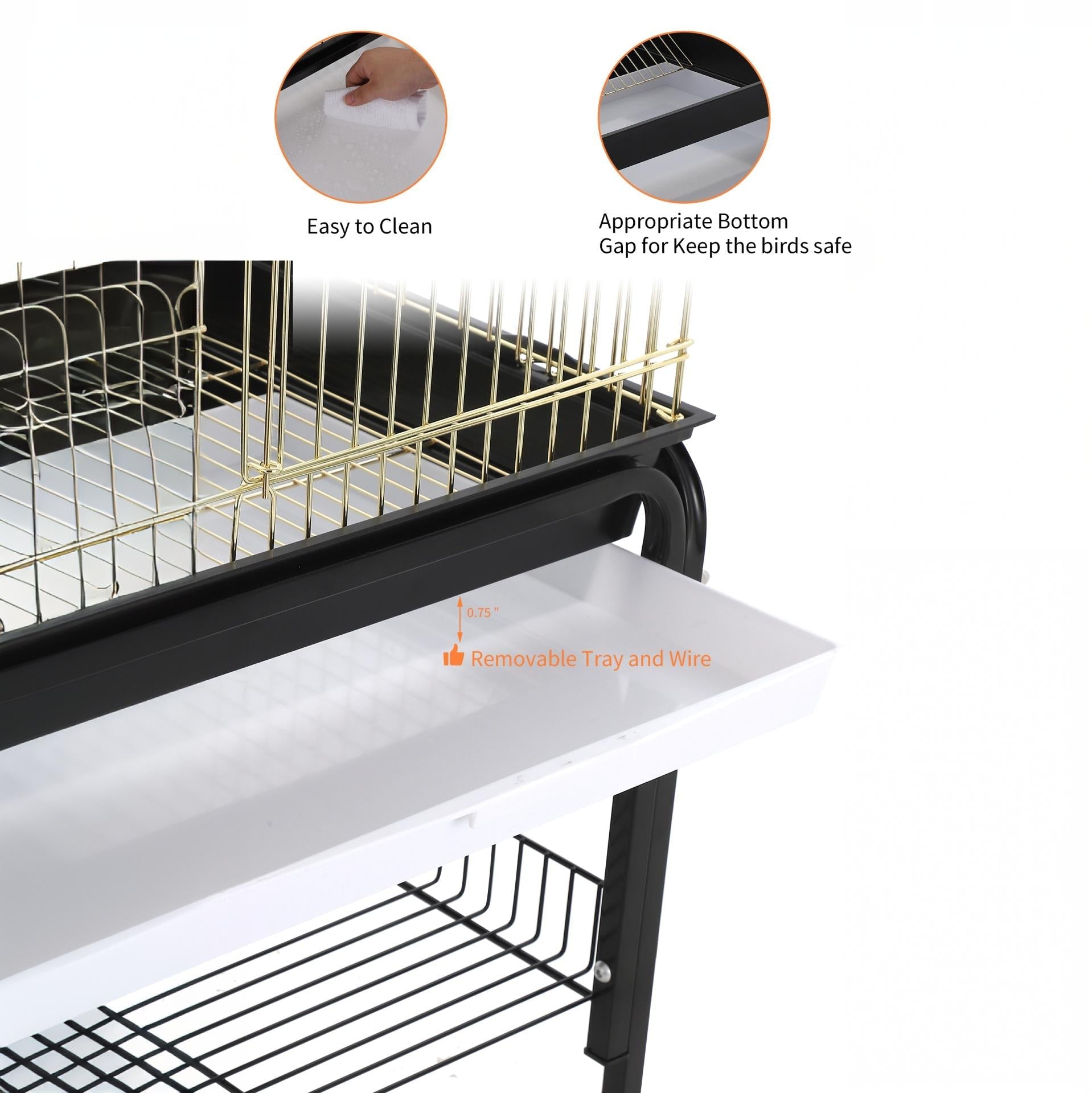 Garvee Large Open-Top Bird Cage with Rolling Stand – Removable Tray, Extra Storage, Breakable Casters, Indoor/Outdoor Use – Black Frame Gold Cage Body, Model 1038+10#