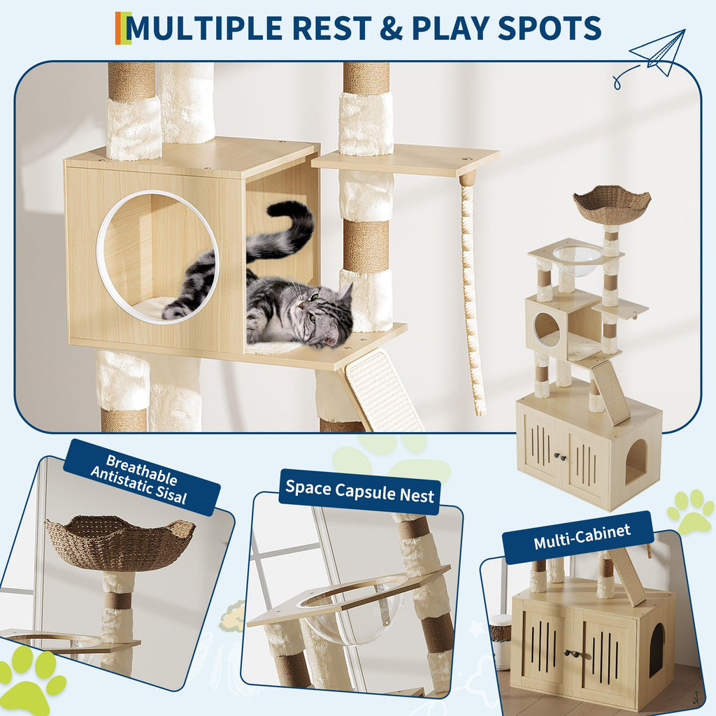 Garvee 66.9-Inch Cat Tree Tower with Litter Box Enclosure, Multi-Level Cat Furniture Featuring Hammock and Washable Cushions, Indoor Cat Tower for Play, Rest, and Privacy, Wood Color