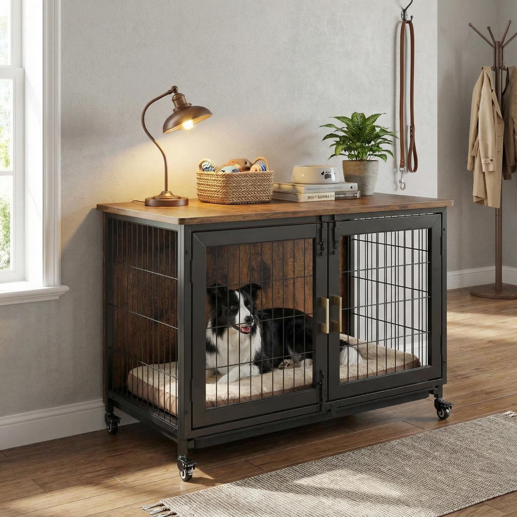 Garvee 37.5" Heavy Duty Dog Crate Furniture with Durable Steel Frame, Removable Tray, Locking Wheels, 300lb Capacity Indoor Kennel for Large Dogs, Multi-Functional Pet Cage & Storage Table