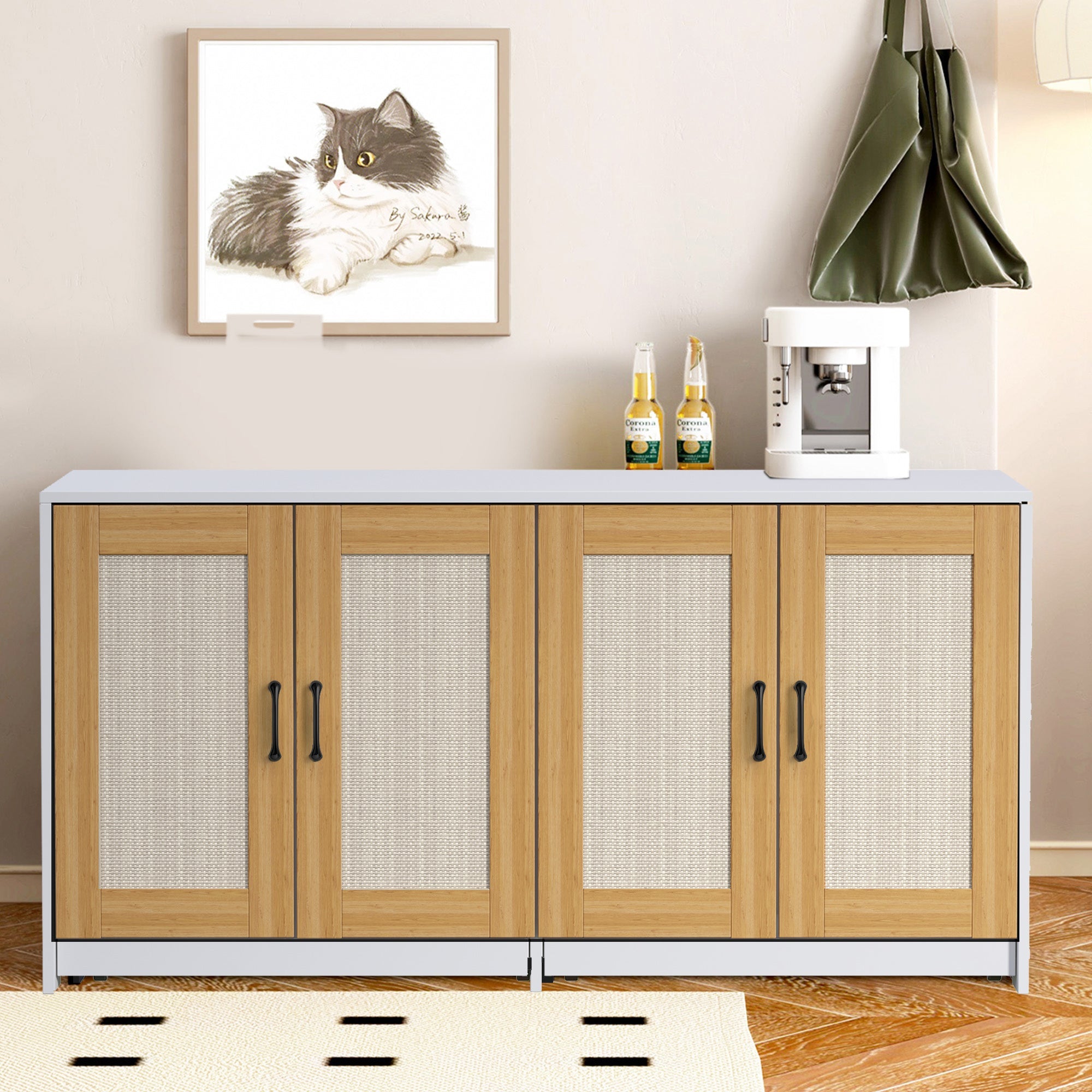 Garvee 47'' Cat Litter Box Enclosure for 2 Litter Boxes with 4 Sisal Doors, Hidden Litterbox Enclosure with Double Room, Wooden Sideboard TV Stand White