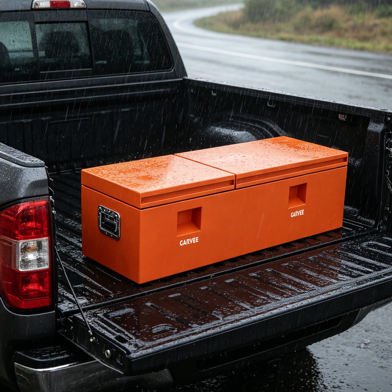 Garvee 56"X16"X14" Heavy Duty Steel Truck Bed Tool Box – Double Lid, Grooved Weatherproof Metal Chest with T-Handle & Side Handle, Durable Organizer for Pickup Truck, RV, Trailer, Front Double, Orange