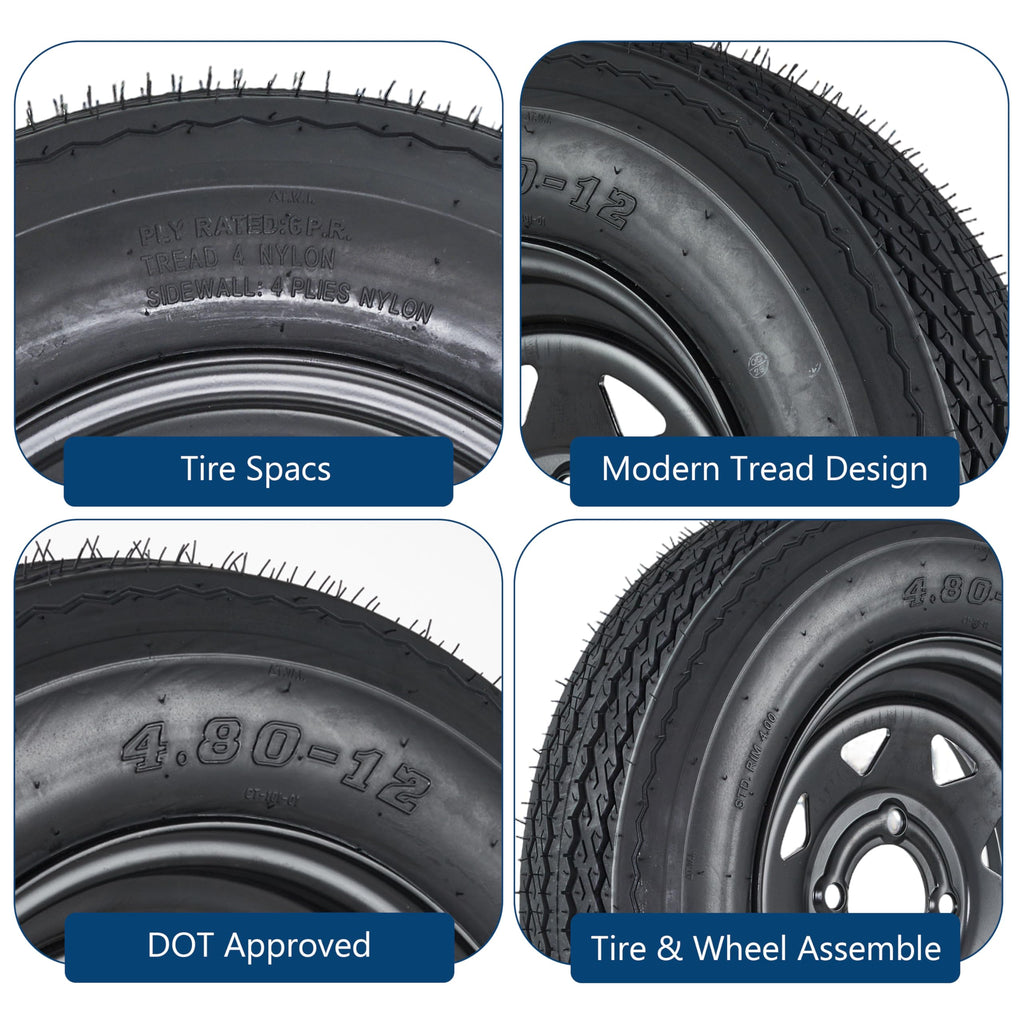 Garvee 4.80-12 Trailer Tires with 8 in White Rims,  4.80x12 480-12 4.8-12, Load Range C, 6PR, 4 Lug 4 in Bolt, Bias-Ply Nylon, All-Season, Utility & Cargo Trailers