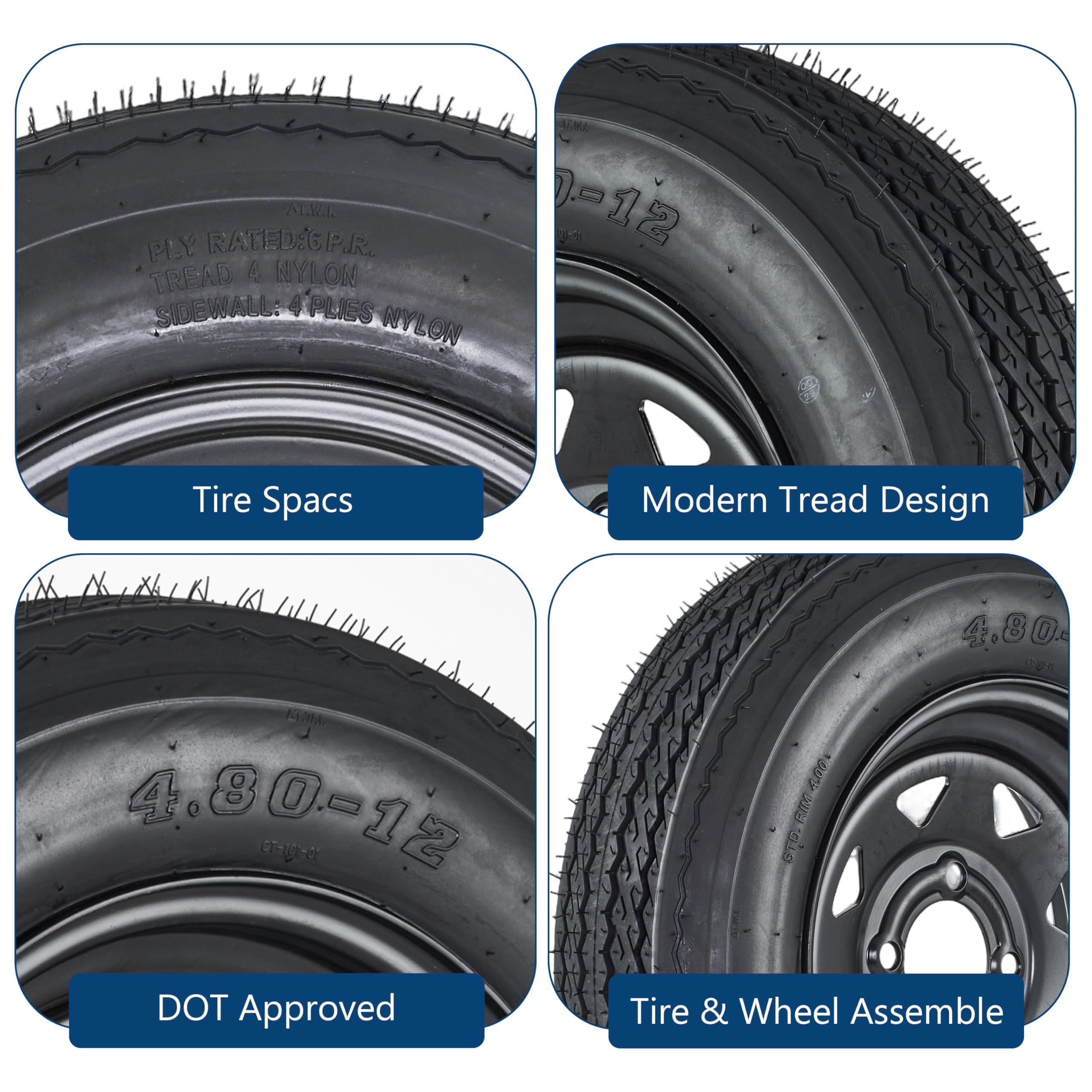 Garvee 4.80-12 Trailer Tires with 8 in White Rims,  4.80x12 480-12 4.8-12, Load Range C, 6PR, 4 Lug 4 in Bolt, Bias-Ply Nylon, All-Season, Utility & Cargo Trailers