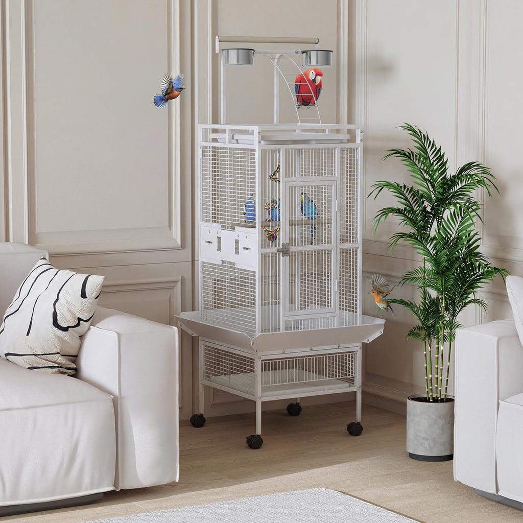 Garvee 60 Inch Wrought Iron Bird Cage with Play Top & Rolling Stand - 4 Stainless Steel Bowls, Secure Lock, Easy-Clean Tray - Spacious Metal Parrot Cage for African Grey, Cockatiel, Conure, Budgie, Lovebird - White