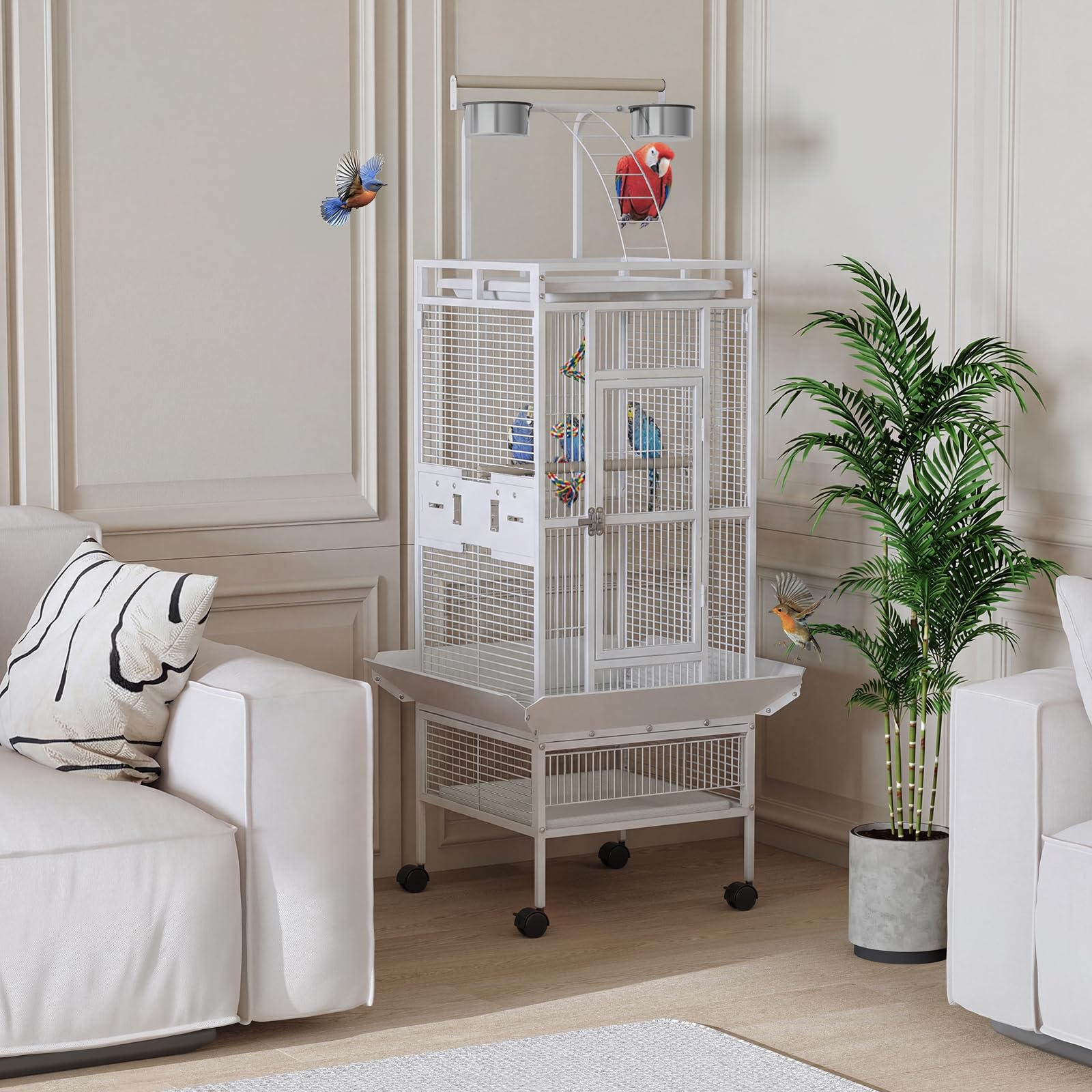 Garvee 60 Inch Wrought Iron Bird Cage with Play Top & Rolling Stand - 4 Stainless Steel Bowls, Secure Lock, Easy-Clean Tray - Spacious Metal Parrot Cage for African Grey, Cockatiel, Conure, Budgie, Lovebird - White