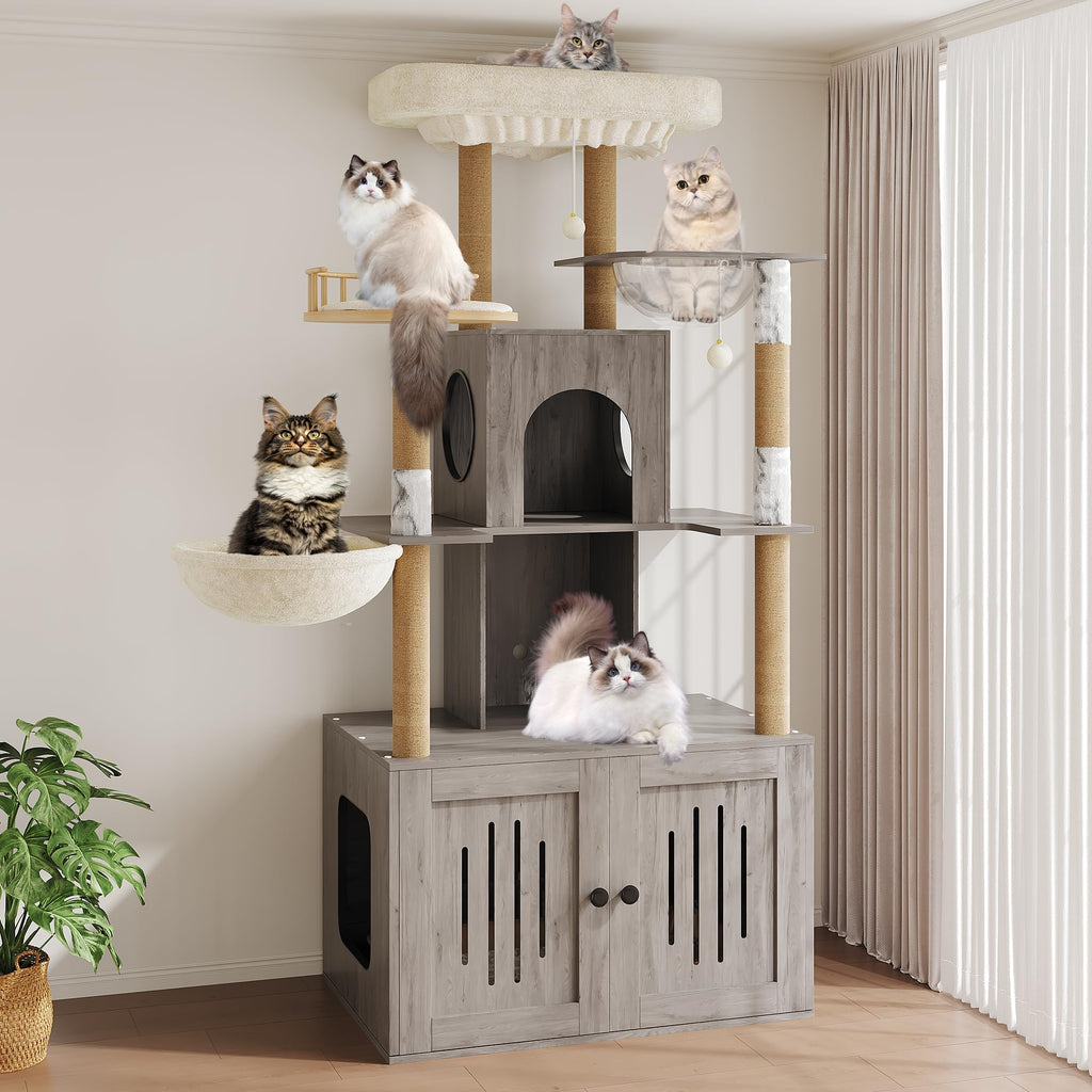 Garvee Multi-Level Cat Tree with Litter Box Enclosure – Hidden Litter Box, Large Soft Perch, Sisal Scratching Posts, Condo & Hammock – Modern Cat Litter Box Cabinet for Indoor Cats – Gray