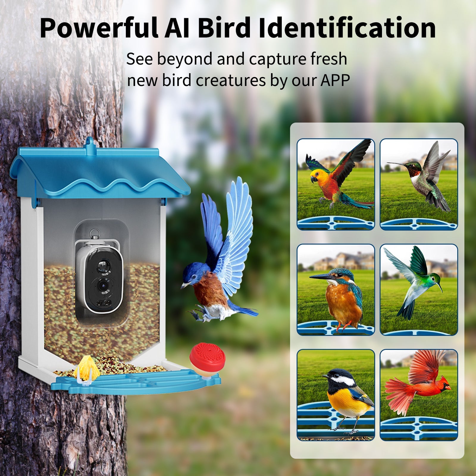 Garvee Smart Bird Feeder with 2.5K Camera & AI Recognition, Solar Powered, 2L Capacity, Night Vision, App Alerts, Auto Capture Photos/Videos for Bird Watching, Squirrel Deterrent, Blue