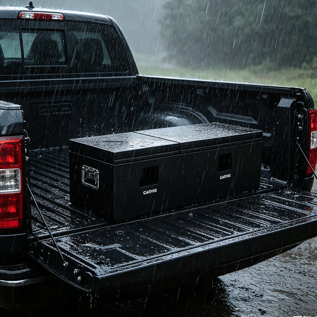 Garvee 56"X16"X14" Heavy Duty Steel Truck Bed Tool Box, Double Lid, Grooved Weatherproof Metal Chest with T-Handle & Side Handle, Durable Organizer for Pickup Truck, RV, Trailer, Front Double, Black